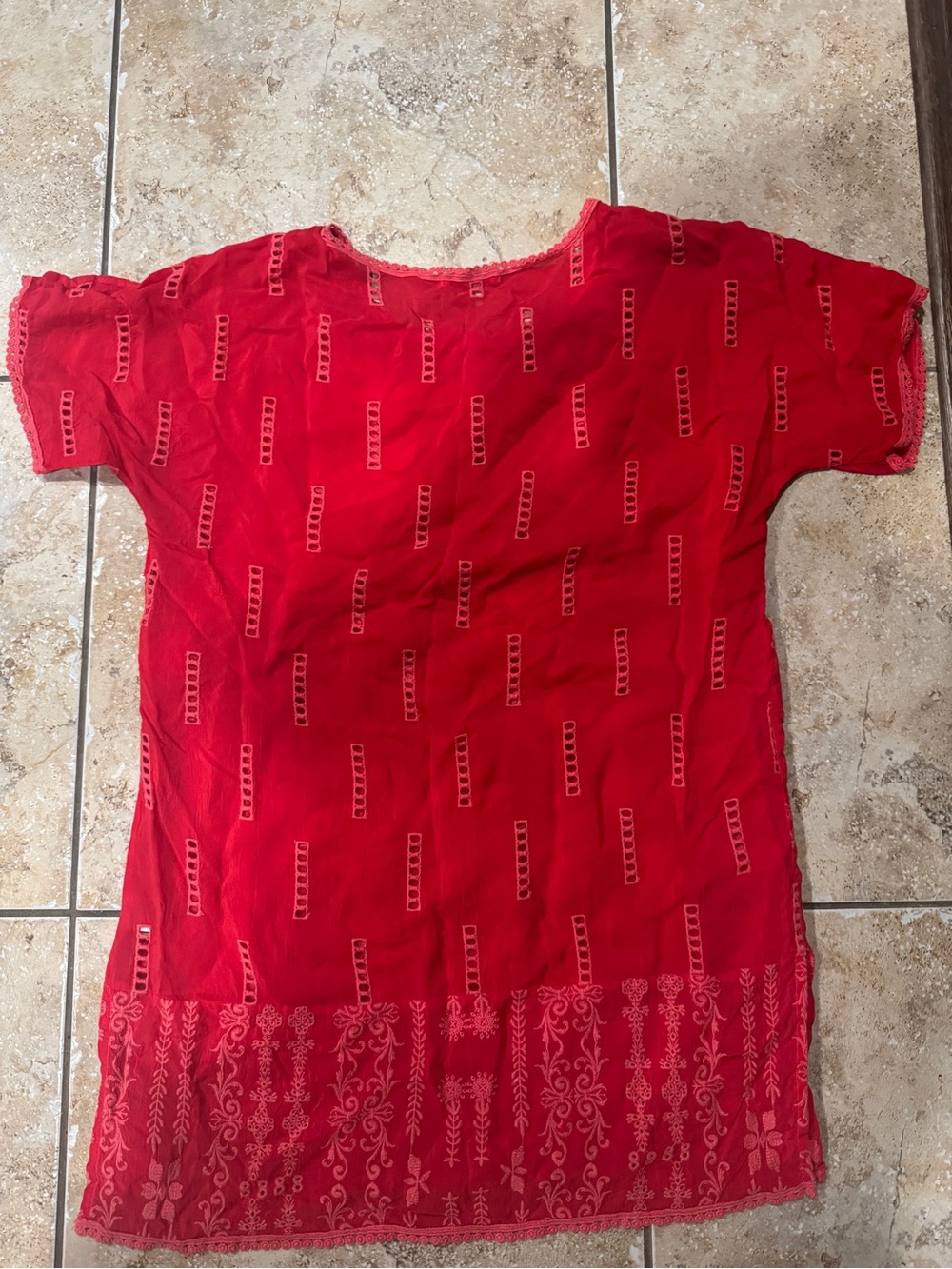 Johnny Was Red Embroidered Short Sleeve Tunic Dress